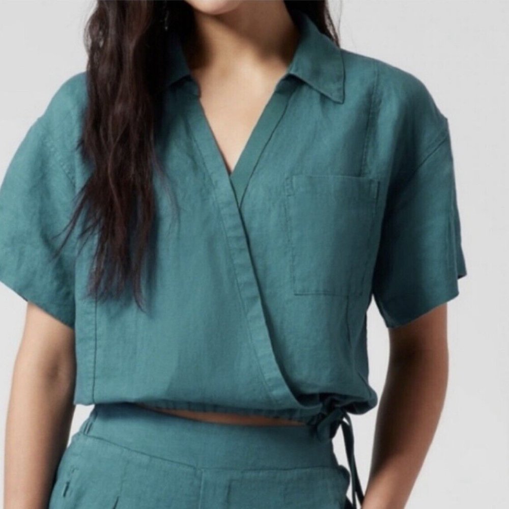 NWT Athleta Borealis Green Lightweight Playa Linen Tie Top Shirt - Picture 4 of 14